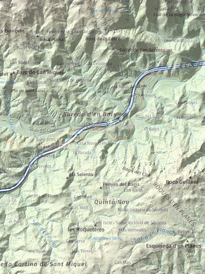 Mapa de relieve de Roques del Rei, 852 m, Selva, lámina 100 Cims de Trobart. Detalle de la zona inferior derecha. 30 × 40 cm.