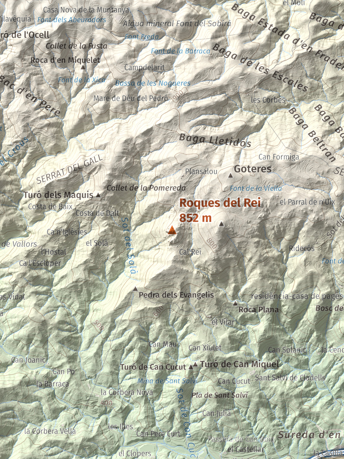 Mapa de relieve de Roques del Rei, 852 m, Selva, lámina 100 Cims de Trobart. Detalle de la zona central. 30 × 40 cm.