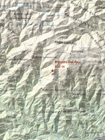 Mapa de relieve de Roques del Rei, 852 m, Selva, lámina 100 Cims de Trobart. Detalle de la zona central. 30 × 40 cm.