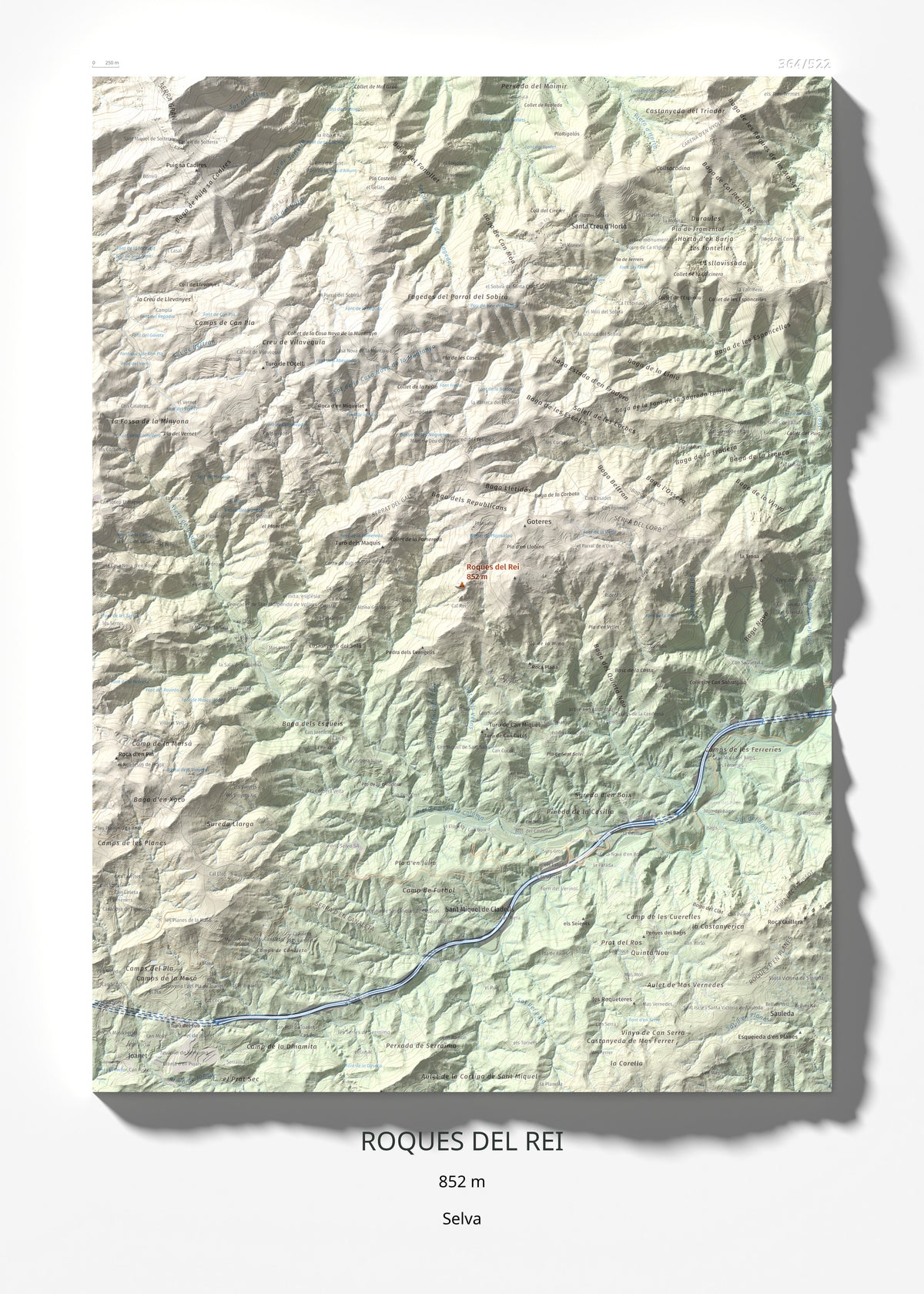 Mapa de relieve de Roques del Rei, 852 m, Selva, lámina 100 Cims de Trobart 50 × 70 cm.