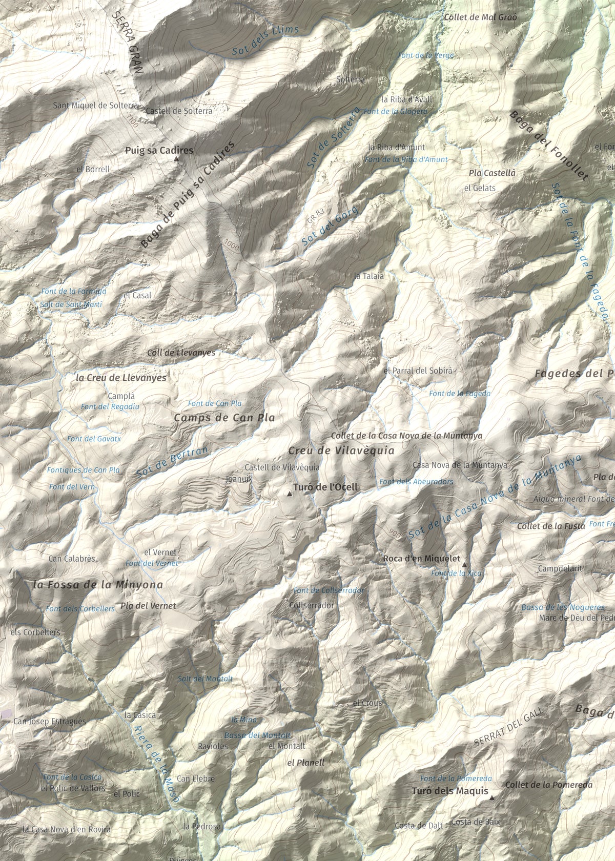 Mapa de relieve de Roques del Rei, 852 m, Selva, lámina 100 Cims de Trobart. Detalle de la zona superior izquierda. 50 × 70 cm.
