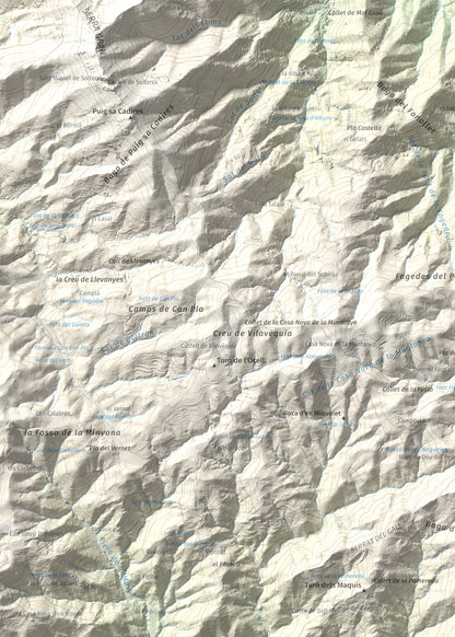 Mapa de relieve de Roques del Rei, 852 m, Selva, lámina 100 Cims de Trobart. Detalle de la zona superior izquierda. 50 × 70 cm.