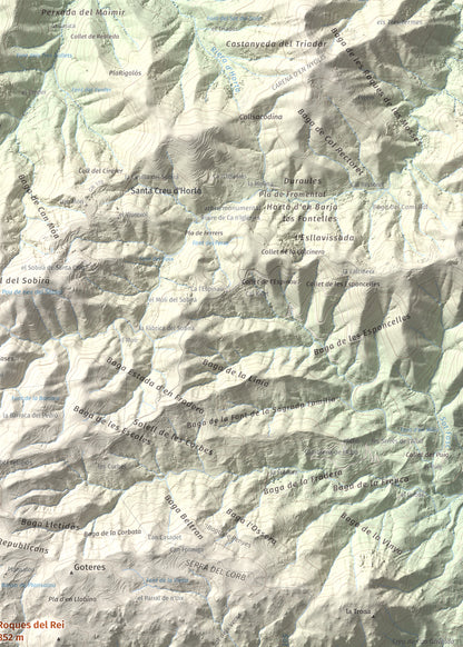 Mapa de relieve de Roques del Rei, 852 m, Selva, lámina 100 Cims de Trobart. Detalle de la zona superior derecha. 50 × 70 cm.