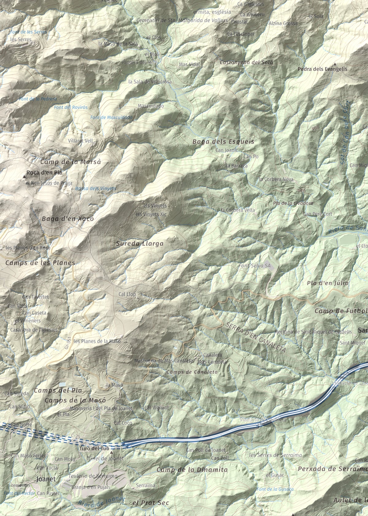 Mapa de relieve de Roques del Rei, 852 m, Selva, lámina 100 Cims de Trobart. Detalle de la zona inferior izquierda. 50 × 70 cm.