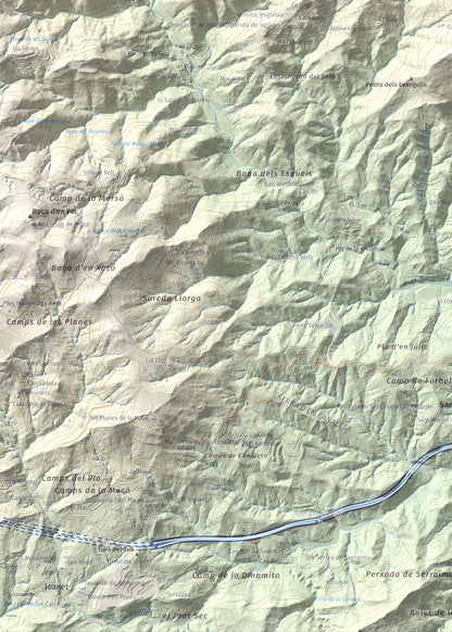 Mapa de relieve de Roques del Rei, 852 m, Selva, lámina 100 Cims de Trobart. Detalle de la zona inferior izquierda. 50 × 70 cm.