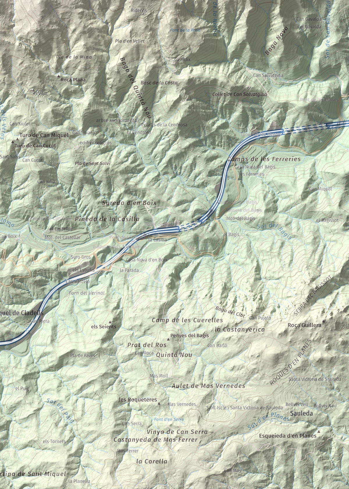 Mapa de relieve de Roques del Rei, 852 m, Selva, lámina 100 Cims de Trobart. Detalle de la zona inferior derecha. 50 × 70 cm.