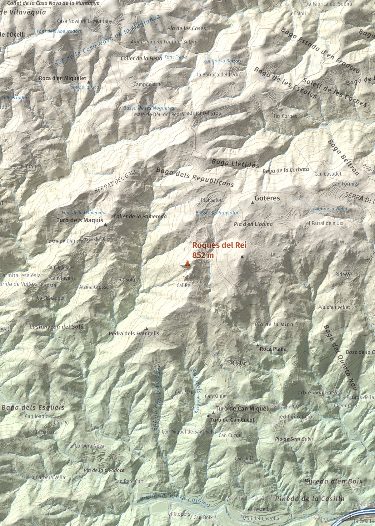 Mapa de relieve de Roques del Rei, 852 m, Selva, lámina 100 Cims de Trobart. Detalle de la zona central. 50 × 70 cm.
