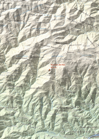 Mapa de relieve de Roques del Rei, 852 m, Selva, lámina 100 Cims de Trobart. Detalle de la zona central. 50 × 70 cm.