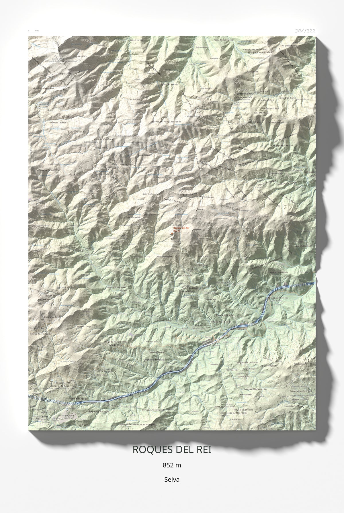 Mapa de relieve de Roques del Rei, 852 m, Selva, lámina 100 Cims de Trobart 61 × 91 cm.