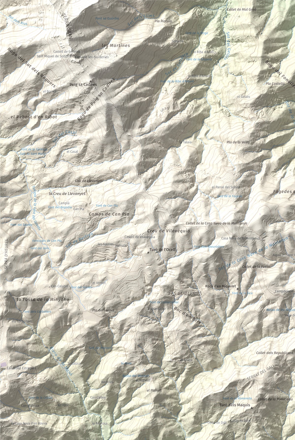 Mapa de relieve de Roques del Rei, 852 m, Selva, lámina 100 Cims de Trobart. Detalle de la zona superior izquierda. 61 × 91 cm.