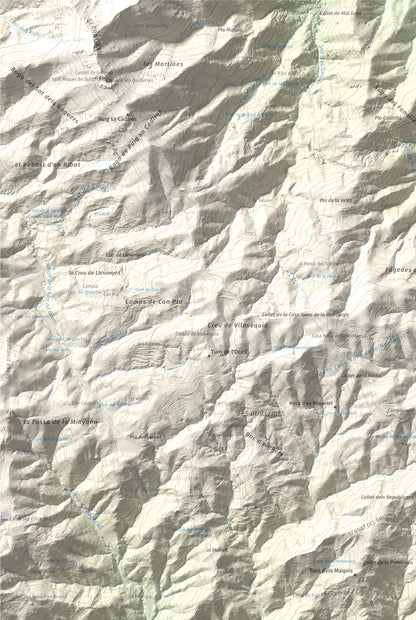 Mapa de relieve de Roques del Rei, 852 m, Selva, lámina 100 Cims de Trobart. Detalle de la zona superior izquierda. 61 × 91 cm.