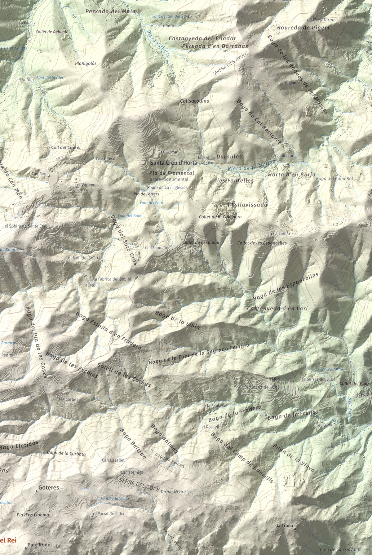 Mapa de relieve de Roques del Rei, 852 m, Selva, lámina 100 Cims de Trobart. Detalle de la zona superior derecha. 61 × 91 cm.