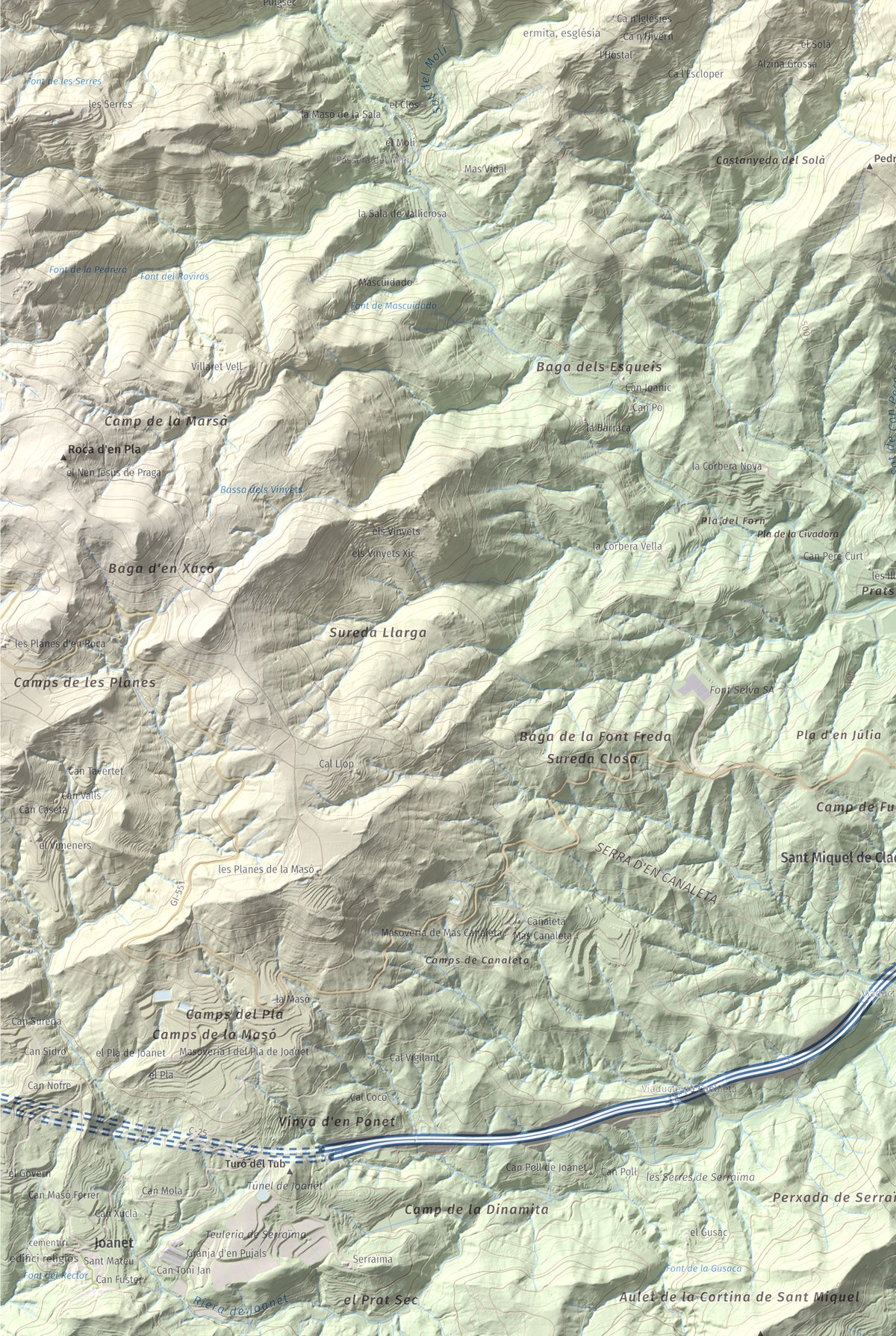 Mapa de relieve de Roques del Rei, 852 m, Selva, lámina 100 Cims de Trobart. Detalle de la zona inferior izquierda. 61 × 91 cm.