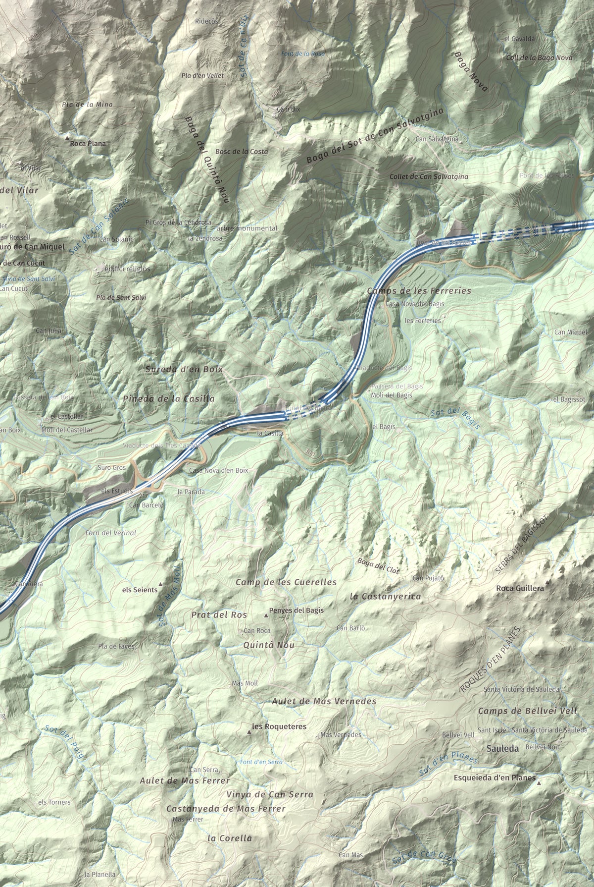Mapa de relieve de Roques del Rei, 852 m, Selva, lámina 100 Cims de Trobart. Detalle de la zona inferior derecha. 61 × 91 cm.