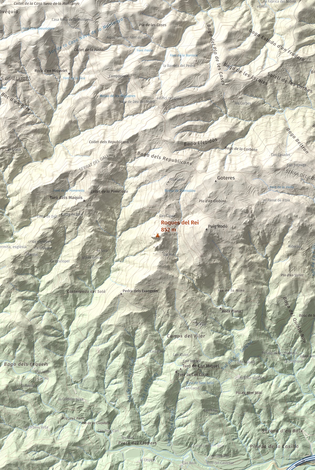 Mapa de relieve de Roques del Rei, 852 m, Selva, lámina 100 Cims de Trobart. Detalle de la zona central. 61 × 91 cm.