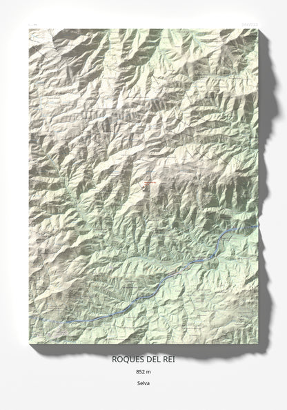 Mapa de relieve de Roques del Rei, 852 m, Selva, lámina 100 Cims de Trobart 70 × 100 cm.
