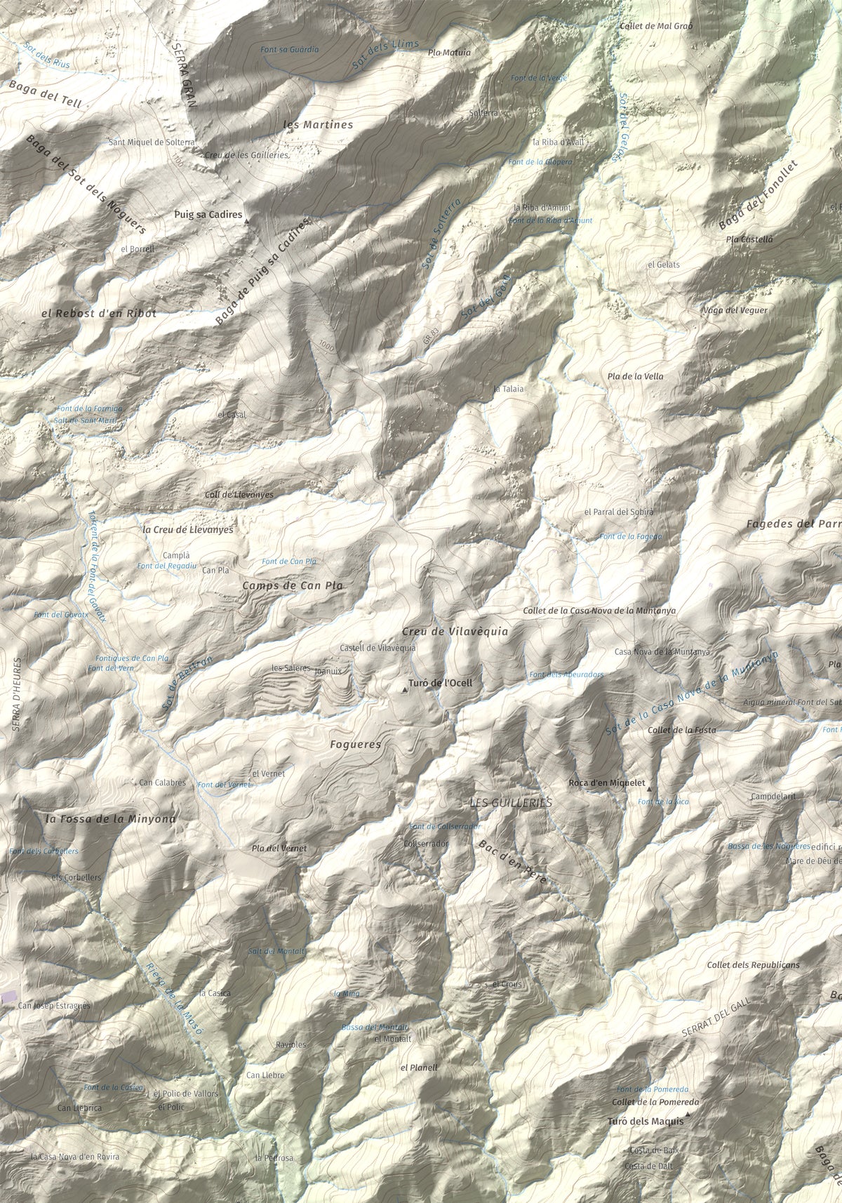 Mapa de relieve de Roques del Rei, 852 m, Selva, lámina 100 Cims de Trobart. Detalle de la zona superior izquierda. 70 × 100 cm.