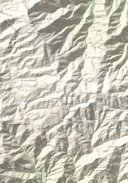 Mapa de relieve de Roques del Rei, 852 m, Selva, lámina 100 Cims de Trobart. Detalle de la zona superior izquierda. 70 × 100 cm.