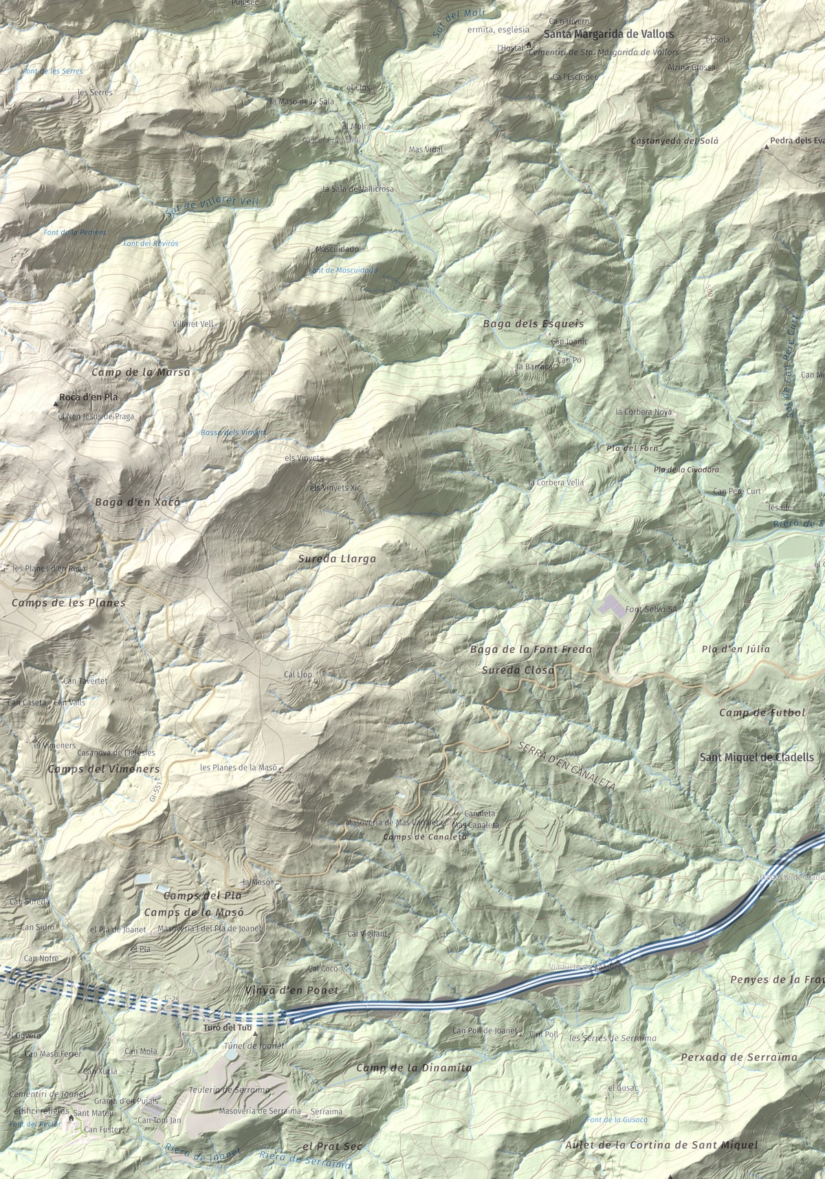 Mapa de relieve de Roques del Rei, 852 m, Selva, lámina 100 Cims de Trobart. Detalle de la zona inferior izquierda. 70 × 100 cm.