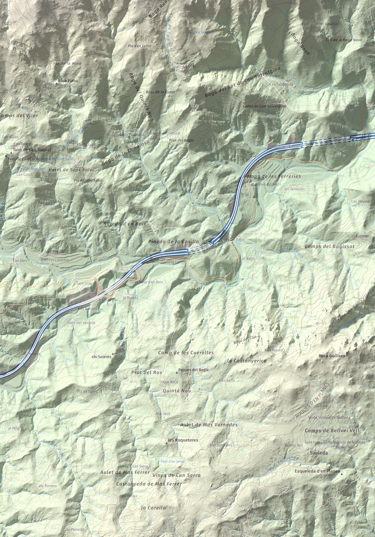 Mapa de relieve de Roques del Rei, 852 m, Selva, lámina 100 Cims de Trobart. Detalle de la zona inferior derecha. 70 × 100 cm.