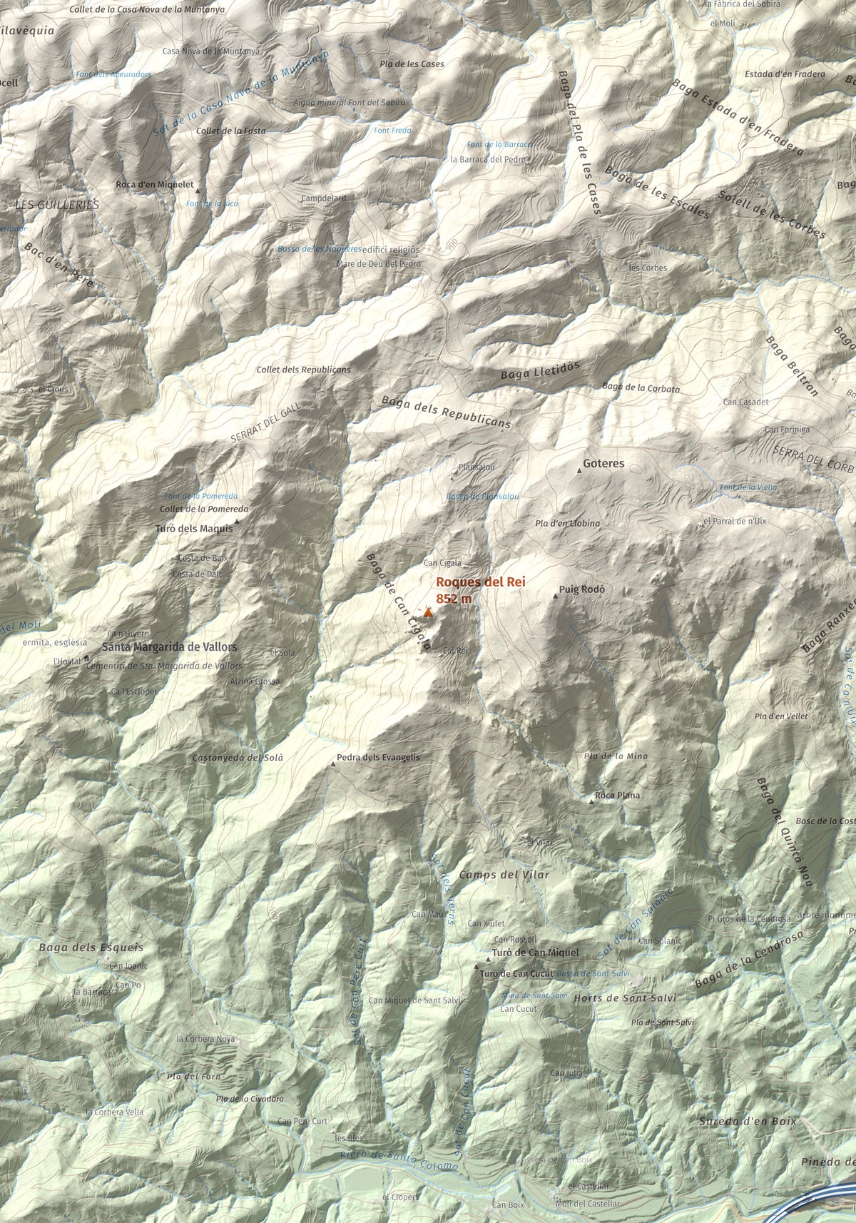 Mapa de relieve de Roques del Rei, 852 m, Selva, lámina 100 Cims de Trobart. Detalle de la zona central. 70 × 100 cm.
