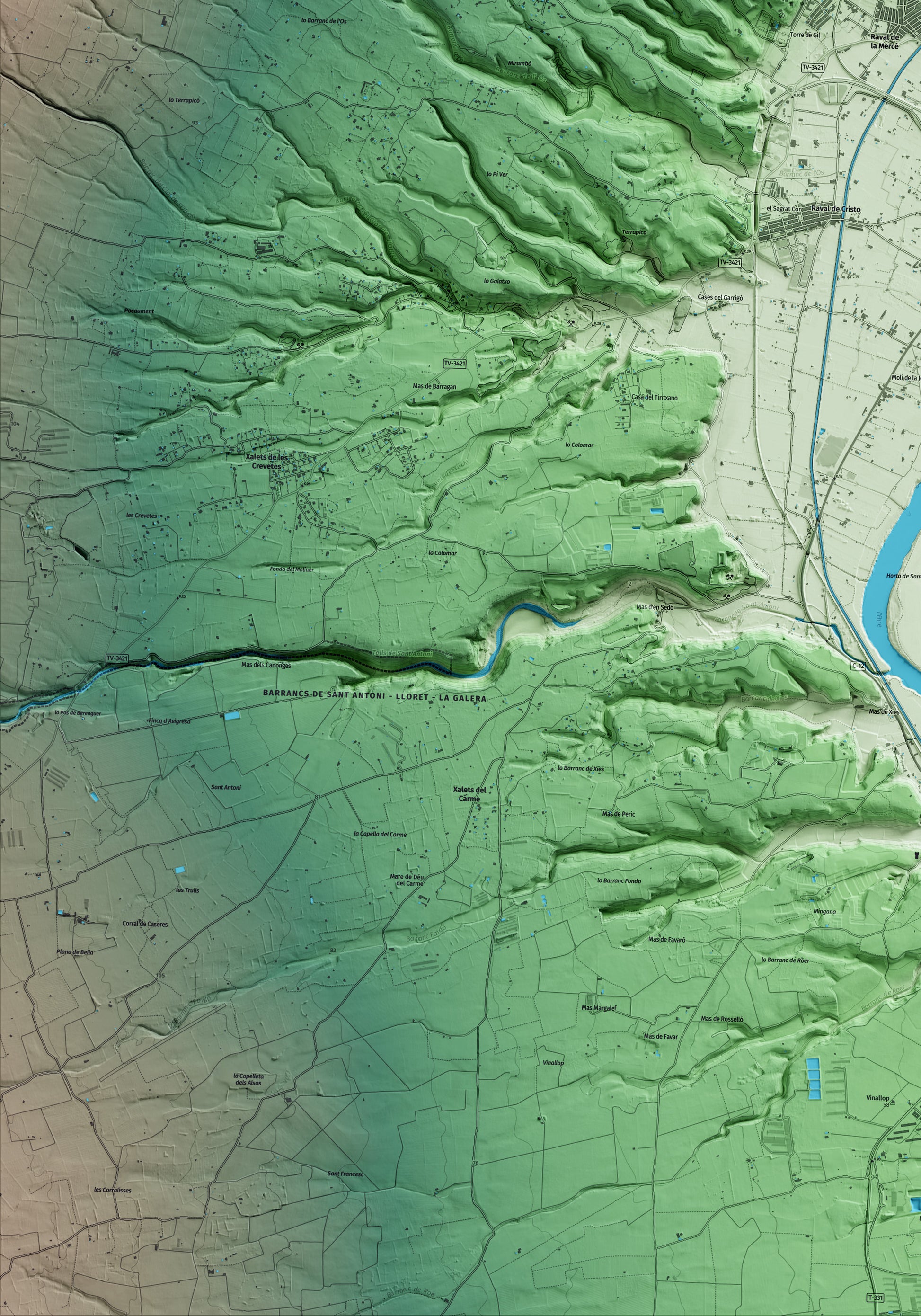 Mapa artístico del relieve de Roquetes, al Baix Ebre, con 15 km de entorno y base topográfica ICGC. Detalle de la zona inferior izquierda.