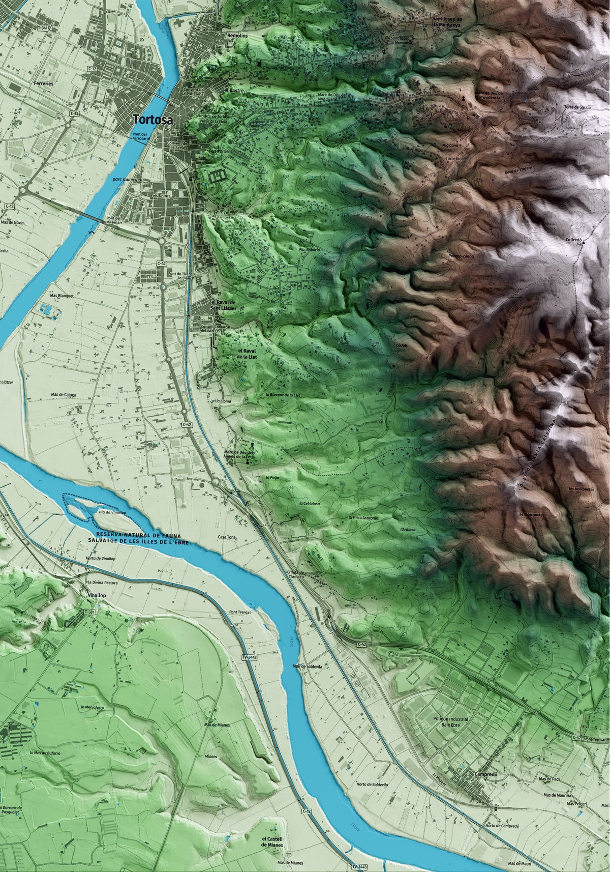Mapa artístico del relieve de Roquetes, al Baix Ebre, con 15 km de entorno y base topográfica ICGC. Detalle de la zona inferior derecha.
