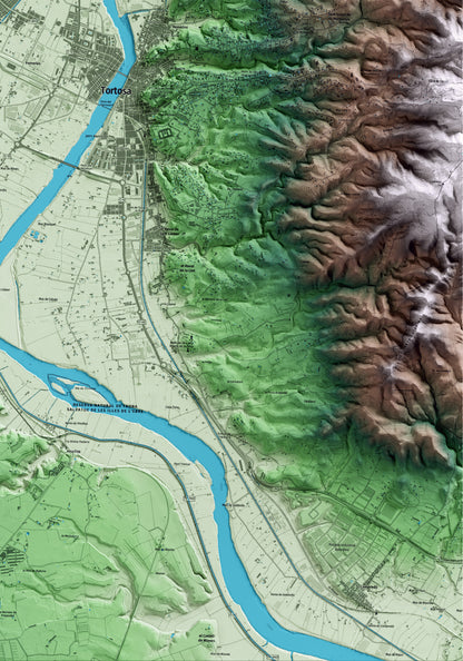 Mapa artístico del relieve de Roquetes, al Baix Ebre, con 15 km de entorno y base topográfica ICGC. Detalle de la zona inferior derecha.