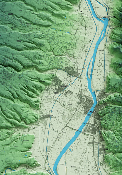 Mapa artístico del relieve de Roquetes, al Baix Ebre, con 15 km de entorno y base topográfica ICGC. Detalle de la zona central.