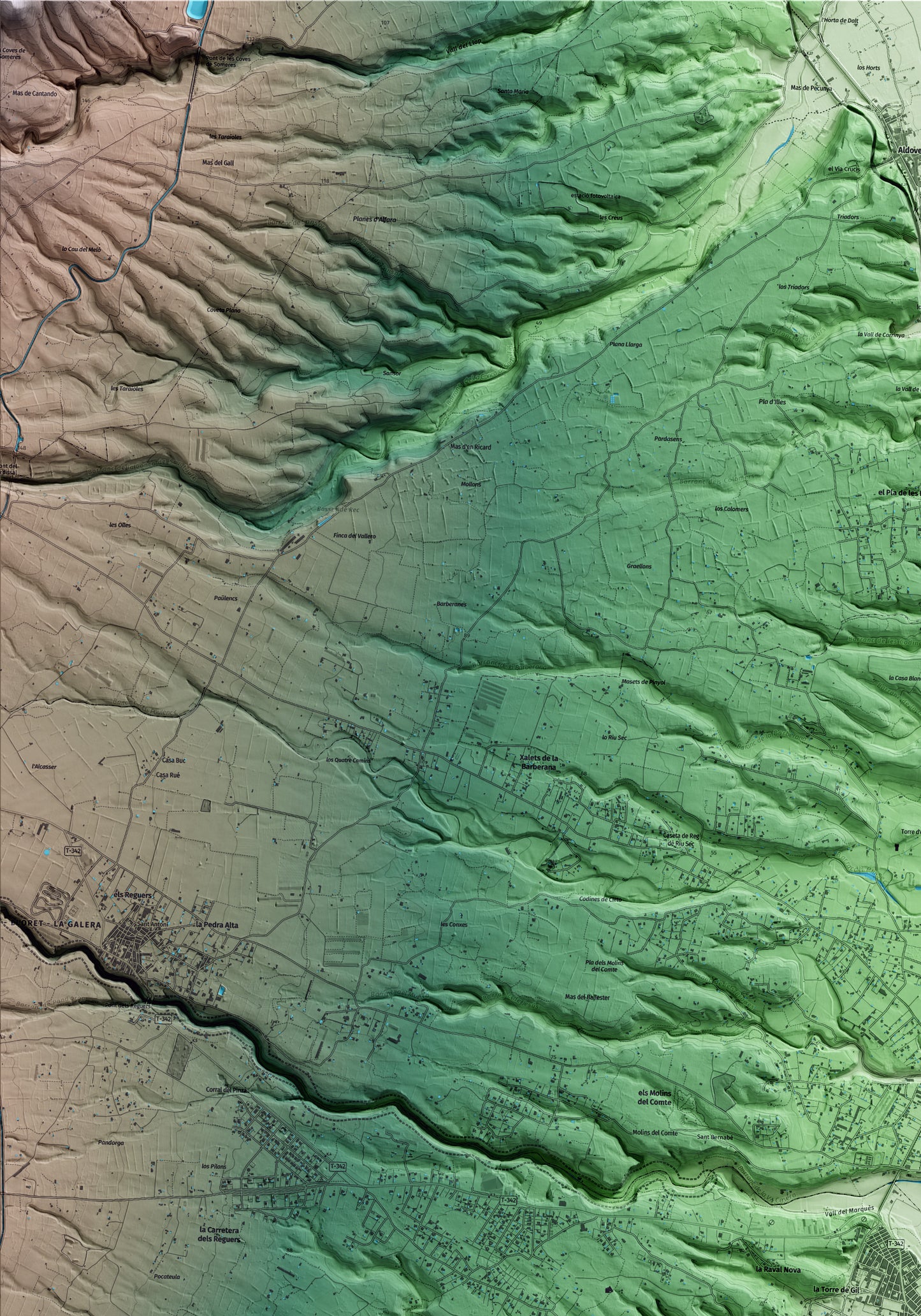 Mapa artístico del relieve de Roquetes, al Baix Ebre, con 15 km de entorno y base topográfica ICGC. Detalle de la zona superior izquierda.