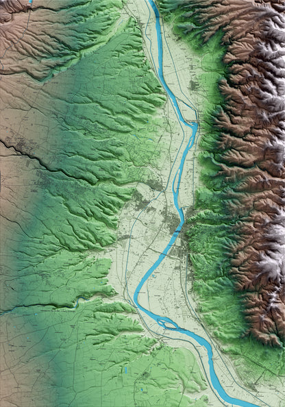 Mapa artístico del relieve de Roquetes, al Baix Ebre, con 15 km de entorno y base topográfica ICGC