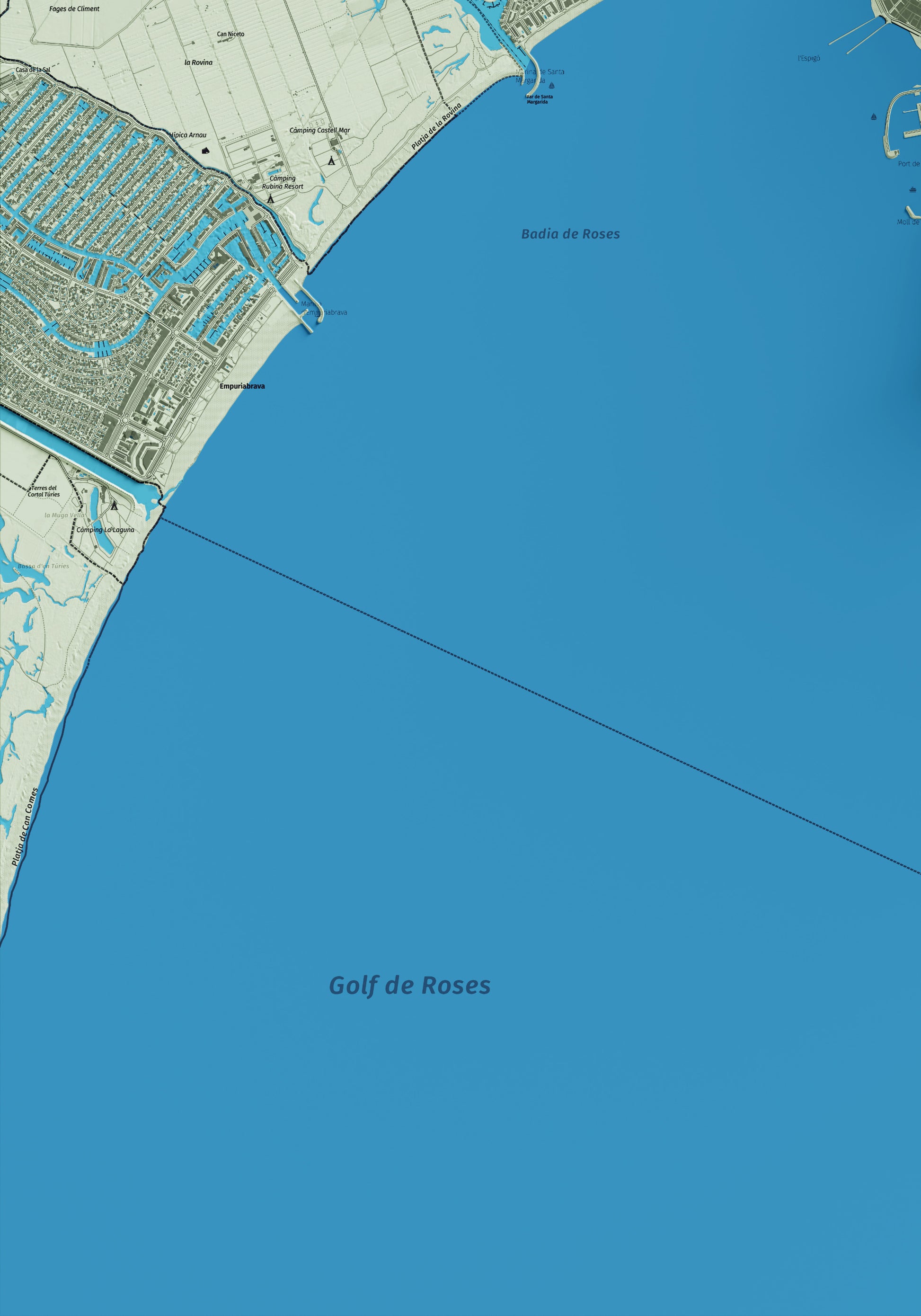 Mapa artístico del relieve de Roses, al Alt Empordà, con 15 km de entorno y base topográfica ICGC. Detalle de la zona inferior izquierda.
