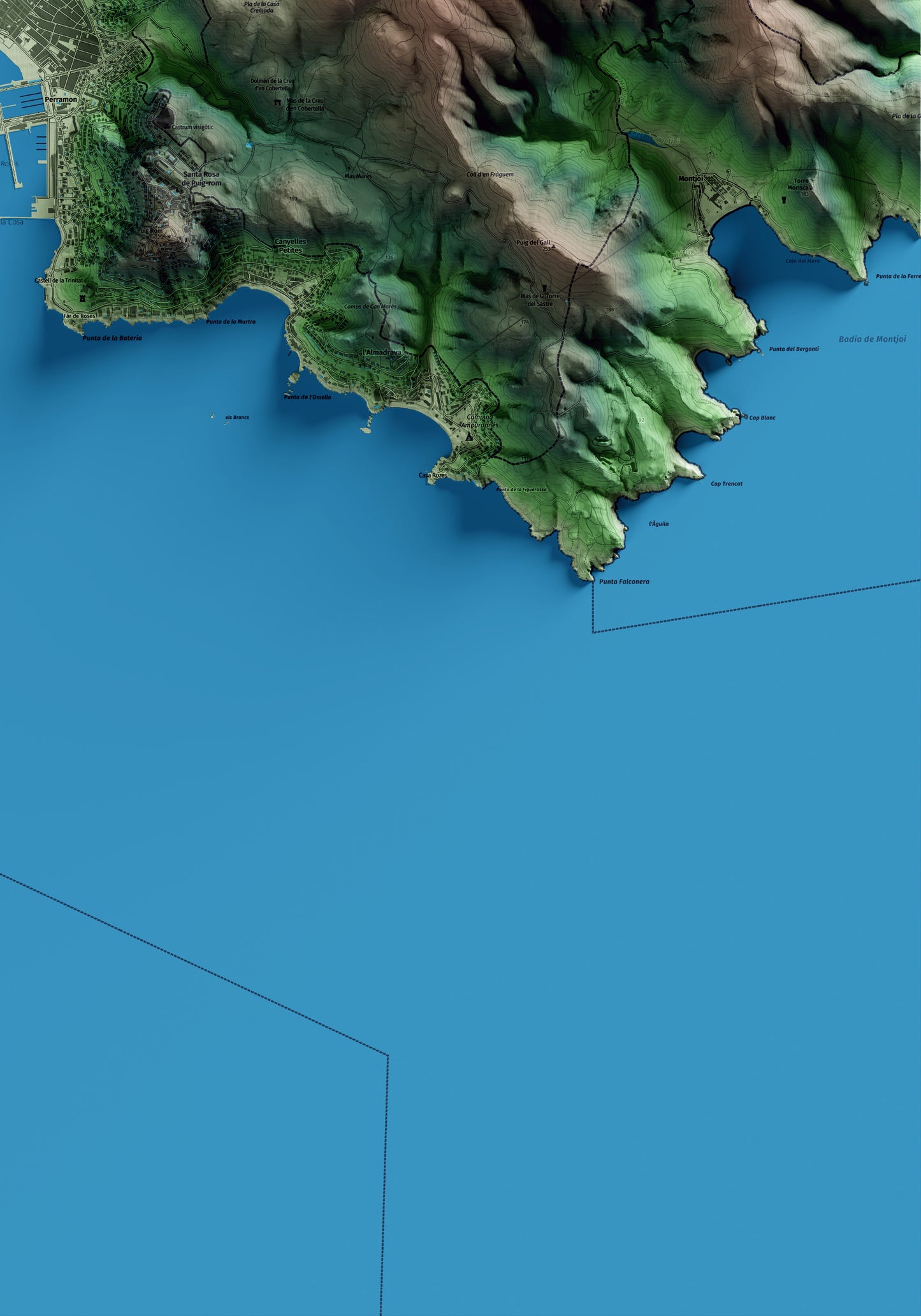 Mapa artístico del relieve de Roses, al Alt Empordà, con 15 km de entorno y base topográfica ICGC. Detalle de la zona inferior derecha.