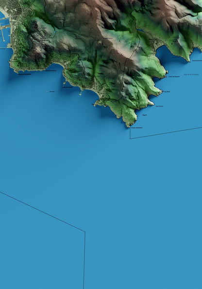 Mapa artístico del relieve de Roses, al Alt Empordà, con 15 km de entorno y base topográfica ICGC. Detalle de la zona inferior derecha.