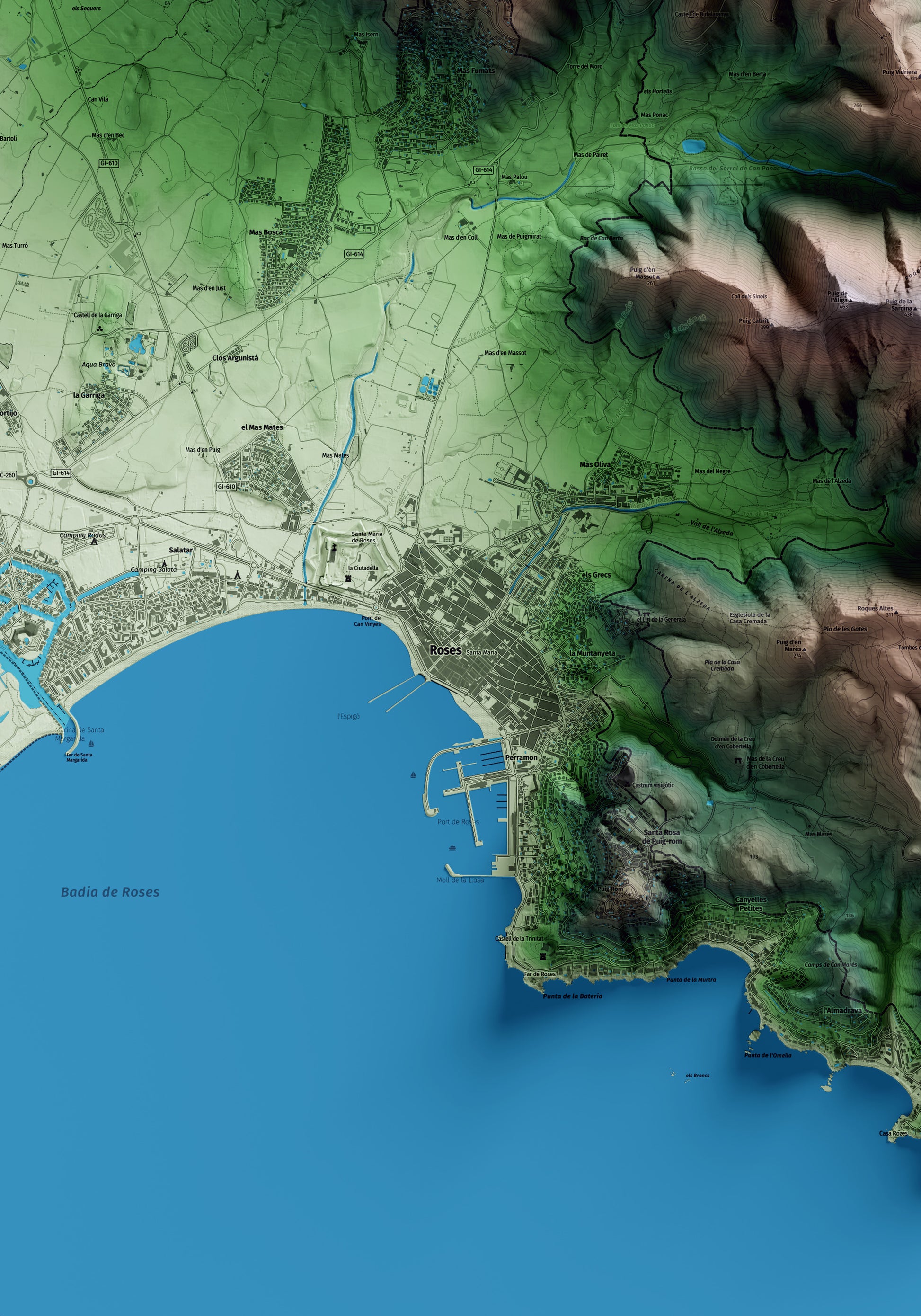 Mapa artístico del relieve de Roses, al Alt Empordà, con 15 km de entorno y base topográfica ICGC. Detalle de la zona central.