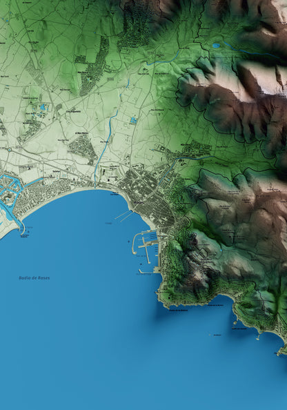 Mapa artístico del relieve de Roses, al Alt Empordà, con 15 km de entorno y base topográfica ICGC. Detalle de la zona central.
