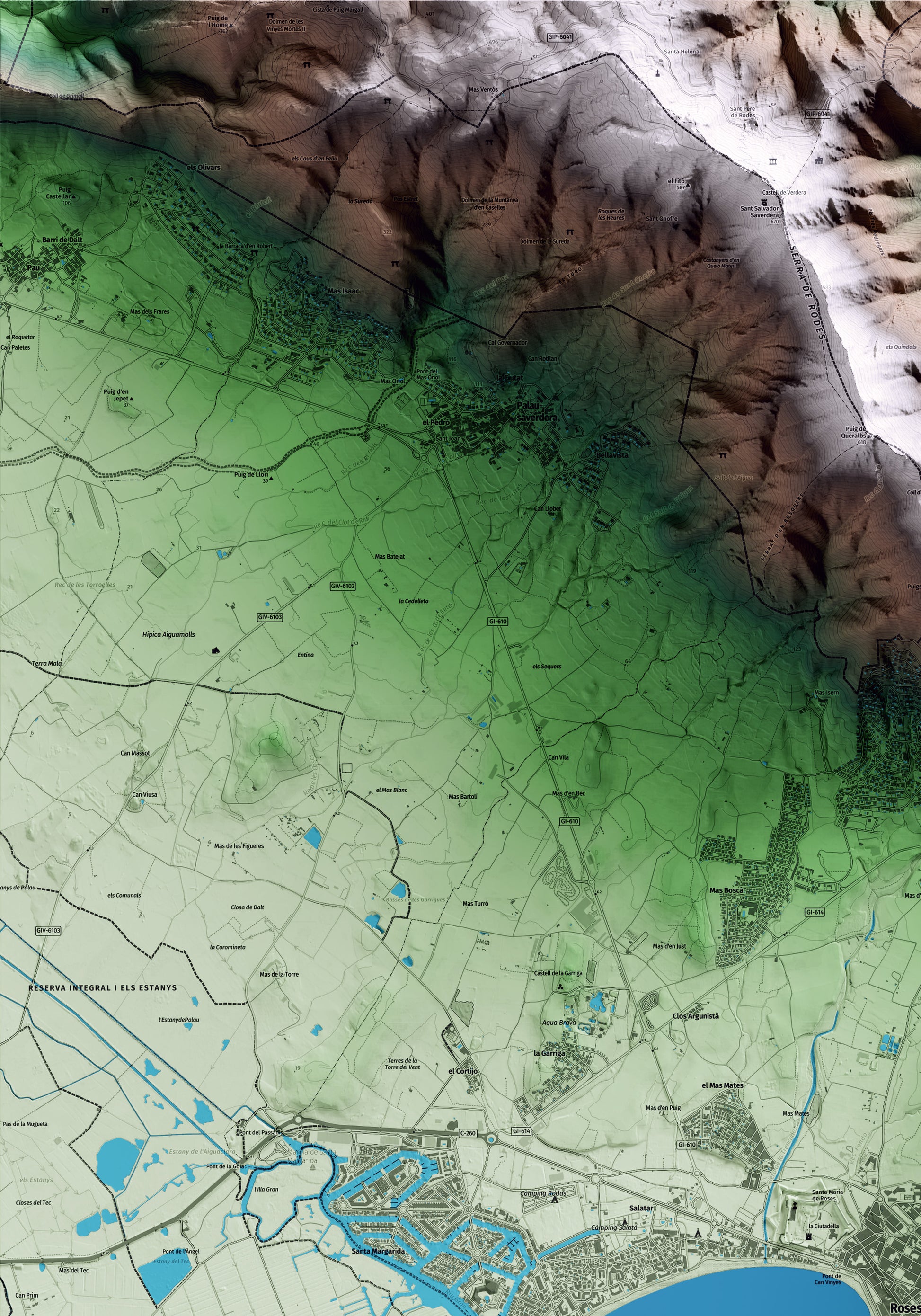 Mapa artístico del relieve de Roses, al Alt Empordà, con 15 km de entorno y base topográfica ICGC. Detalle de la zona superior izquierda.
