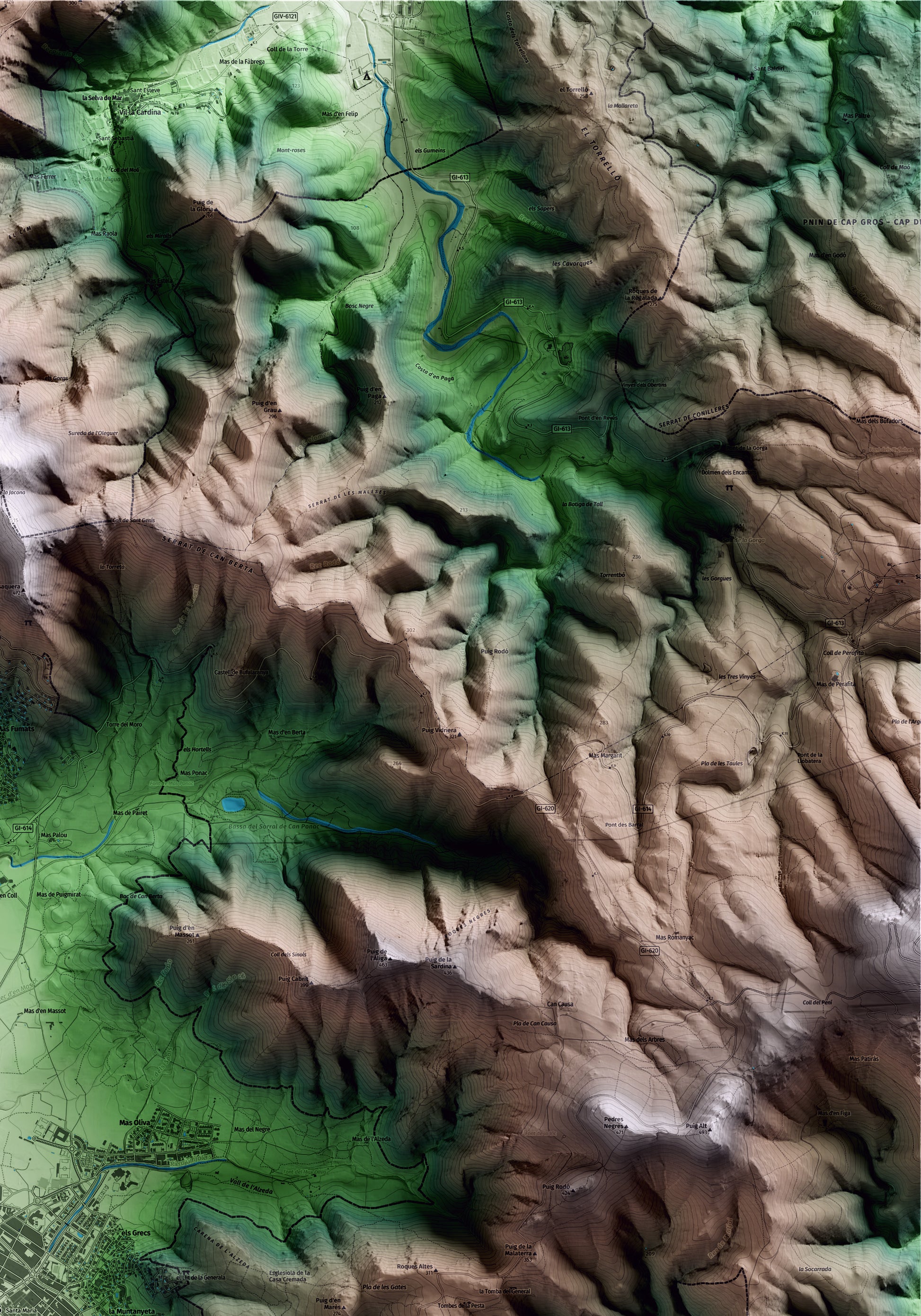 Mapa artístico del relieve de Roses, al Alt Empordà, con 15 km de entorno y base topográfica ICGC. Detalle de la zona superior derecha.