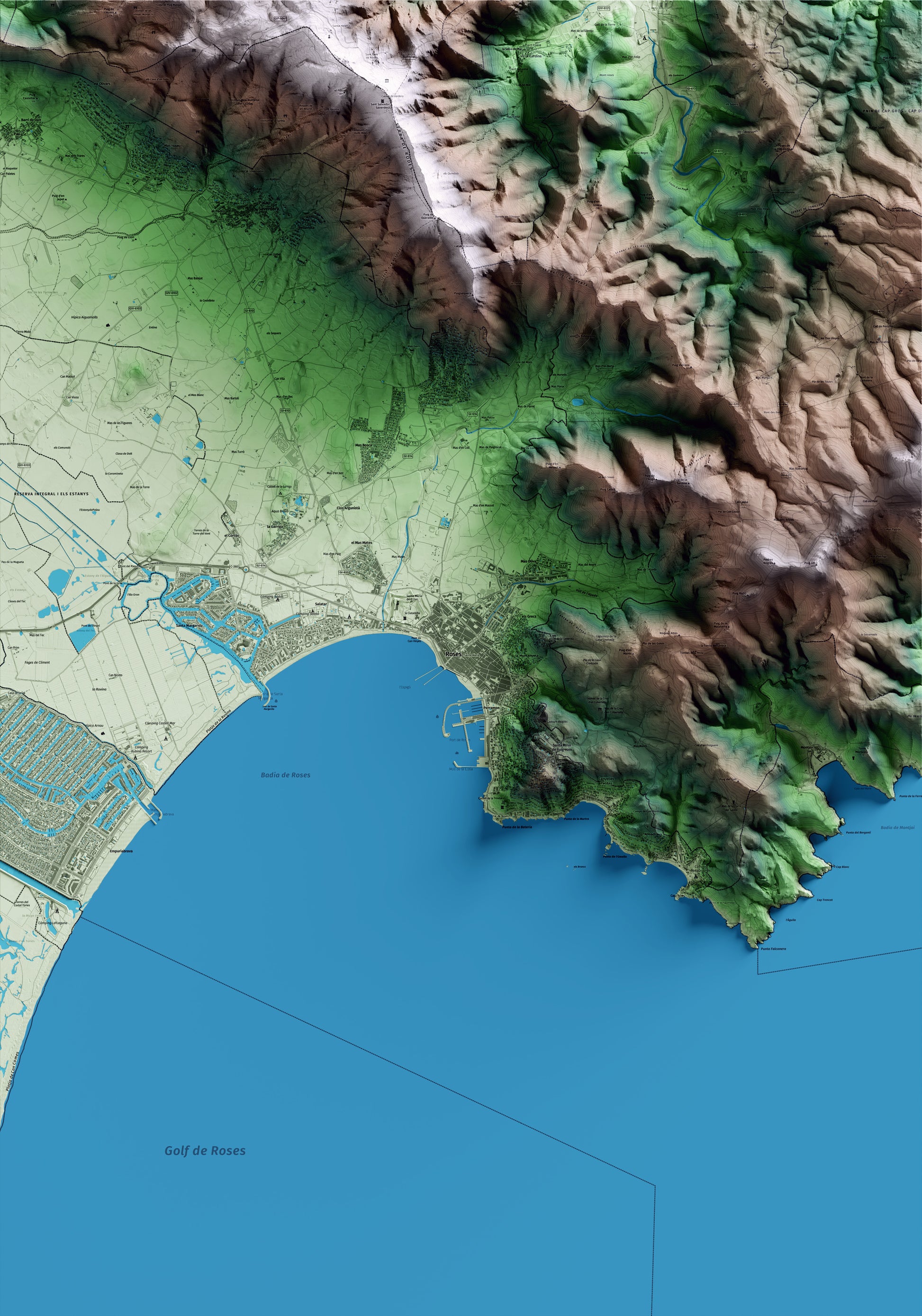 Mapa artístico del relieve de Roses, al Alt Empordà, con 15 km de entorno y base topográfica ICGC