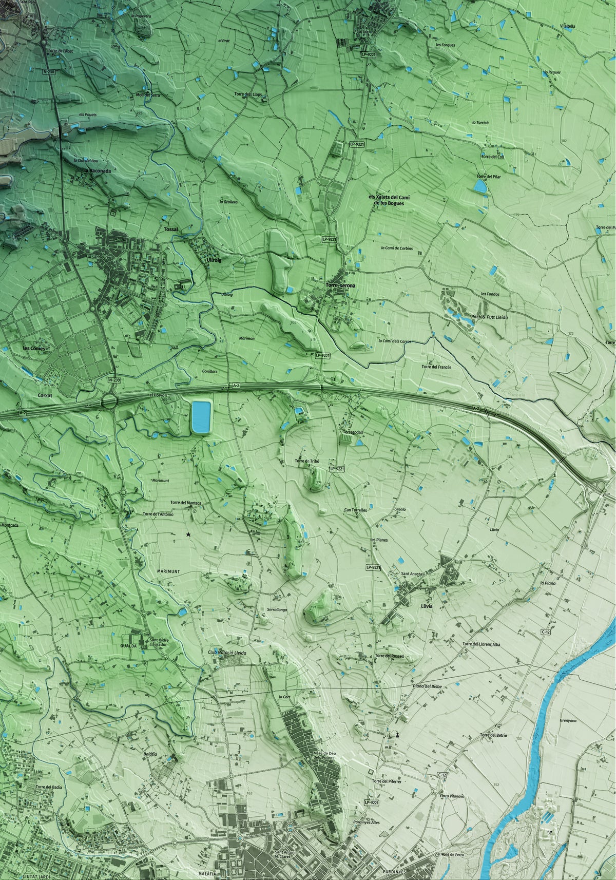 Mapa artístico del relieve de Rosselló, al Segrià, con 15 km de entorno y base topográfica ICGC. Detalle de la zona inferior derecha.