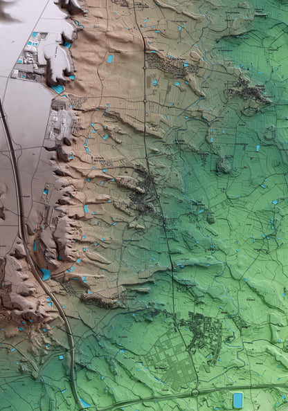 Mapa artístico del relieve de Rosselló, al Segrià, con 15 km de entorno y base topográfica ICGC. Detalle de la zona central.