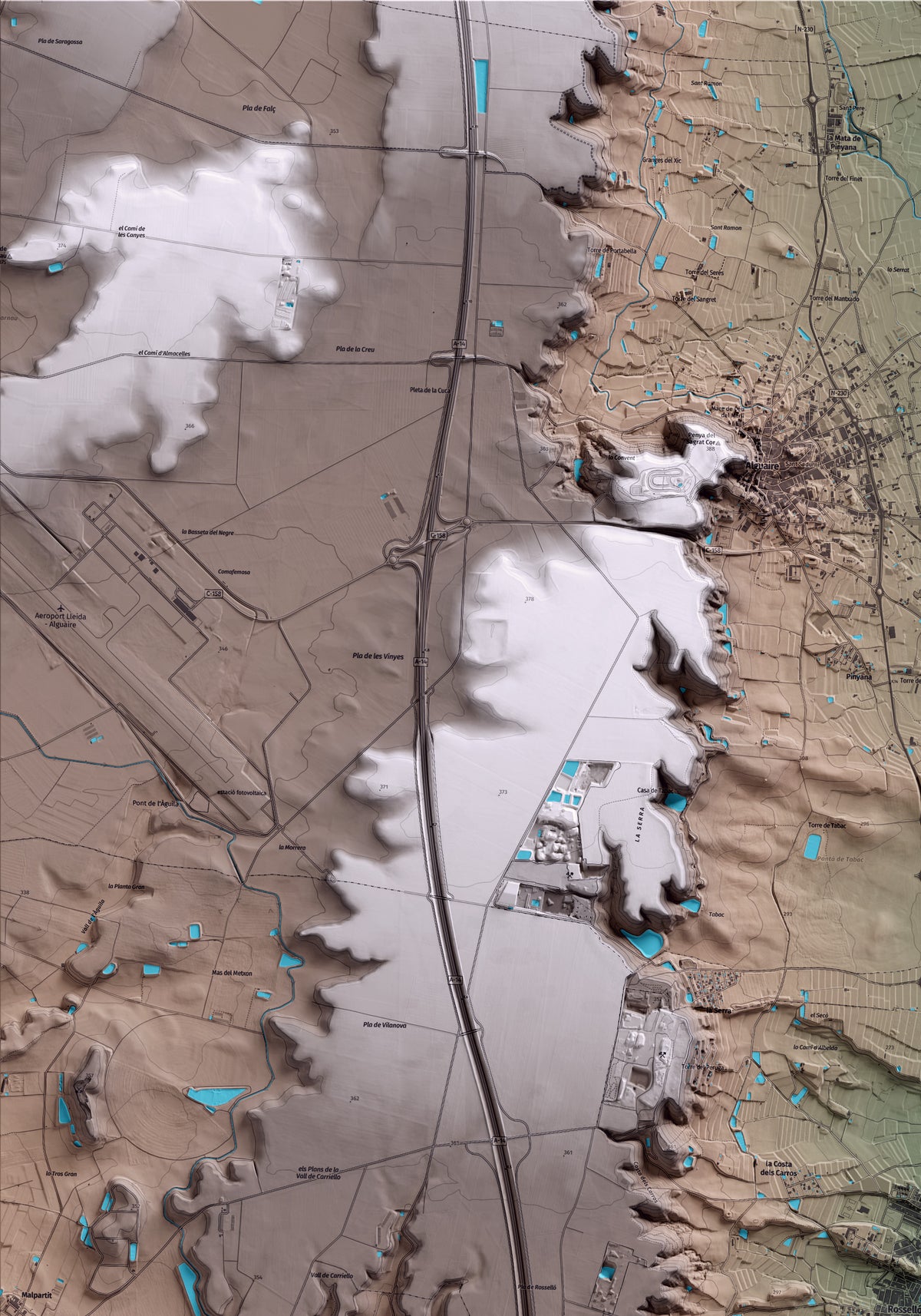 Mapa artístico del relieve de Rosselló, al Segrià, con 15 km de entorno y base topográfica ICGC. Detalle de la zona superior izquierda.