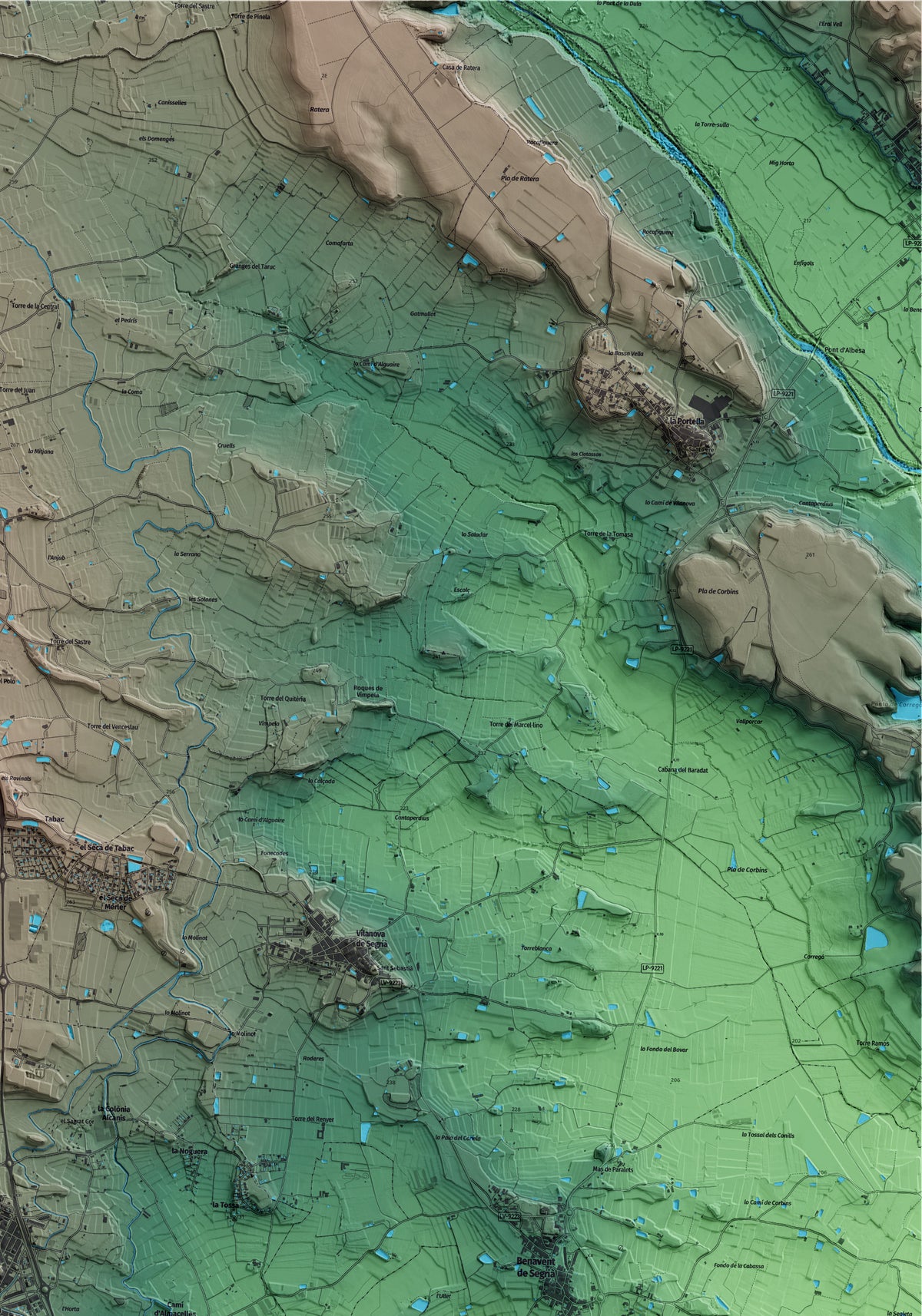 Mapa artístico del relieve de Rosselló, al Segrià, con 15 km de entorno y base topográfica ICGC. Detalle de la zona superior derecha.