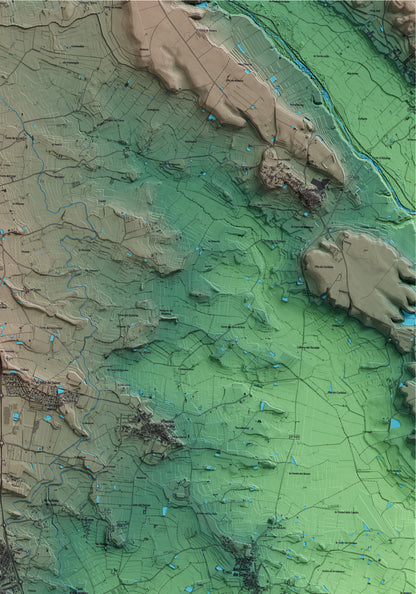 Mapa artístico del relieve de Rosselló, al Segrià, con 15 km de entorno y base topográfica ICGC. Detalle de la zona superior derecha.