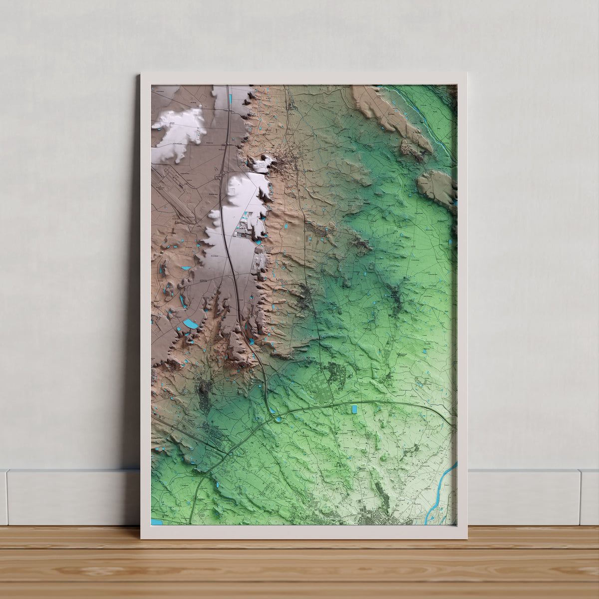 Mapa artístico del relieve de Rosselló, al Segrià, con 15 km de entorno y base topográfica ICGC. Presentación enmarcada.