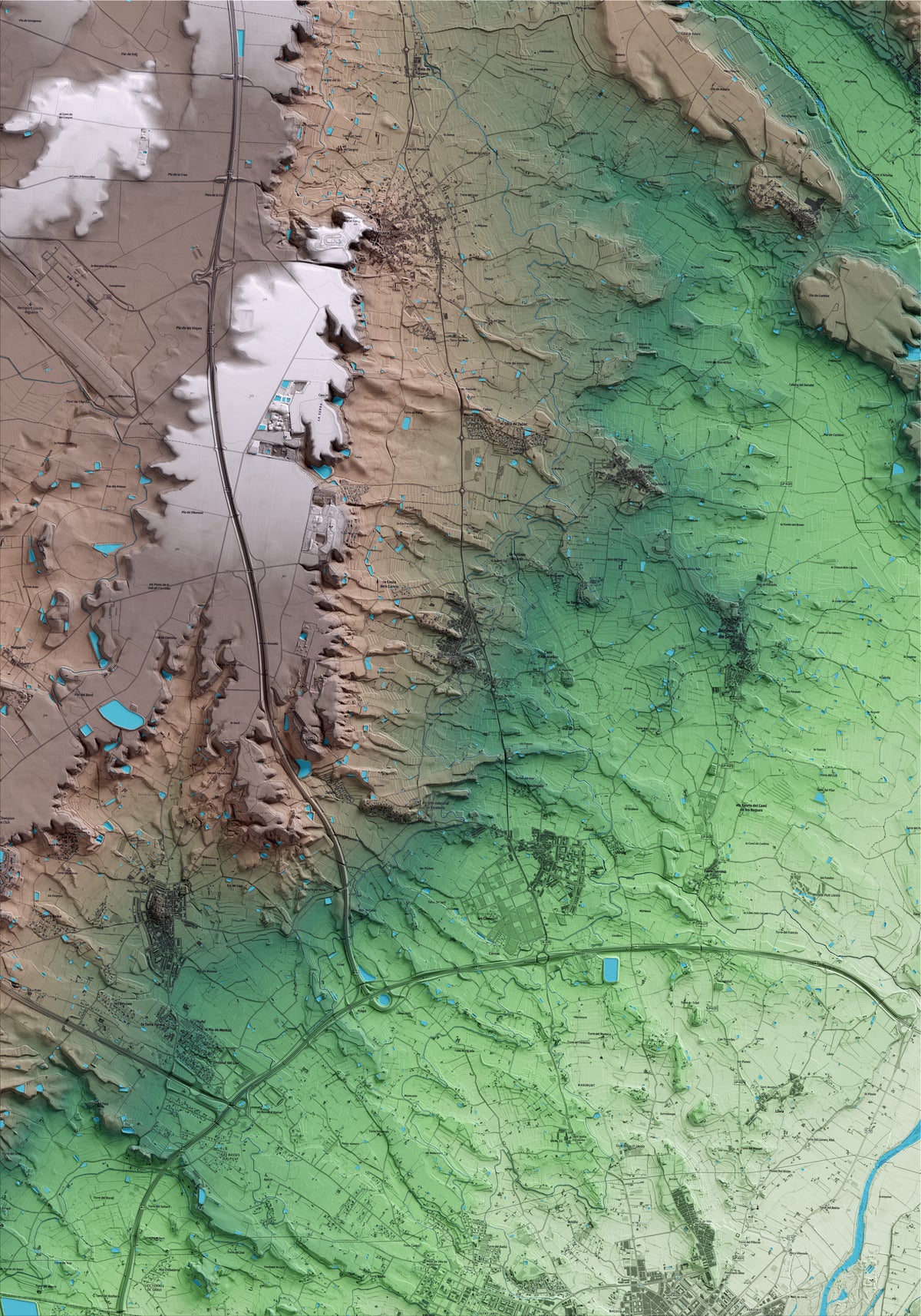 Mapa artístico del relieve de Rosselló, al Segrià, con 15 km de entorno y base topográfica ICGC