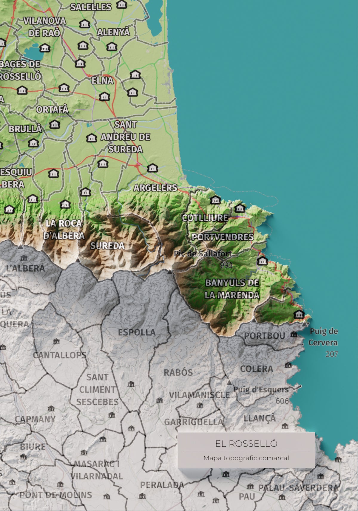 Mapa de relieve del Rosselló, con el territorio en color y el entorno en blanco. Detalle de la zona inferior derecha. 21 × 30 cm. Estilo Clásico.