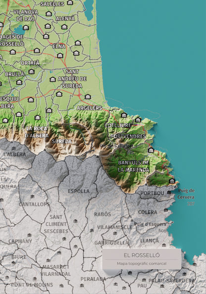 Mapa de relieve del Rosselló, con el territorio en color y el entorno en blanco. Detalle de la zona inferior derecha. 21 × 30 cm. Estilo Clásico.