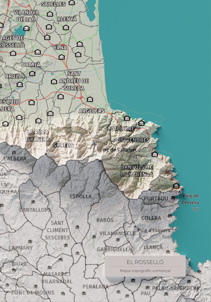 Mapa de relieve del Rosselló, con el territorio en color y el entorno en blanco. Detalle de la zona inferior derecha. 21 × 30 cm. Estilo Cartográfico.