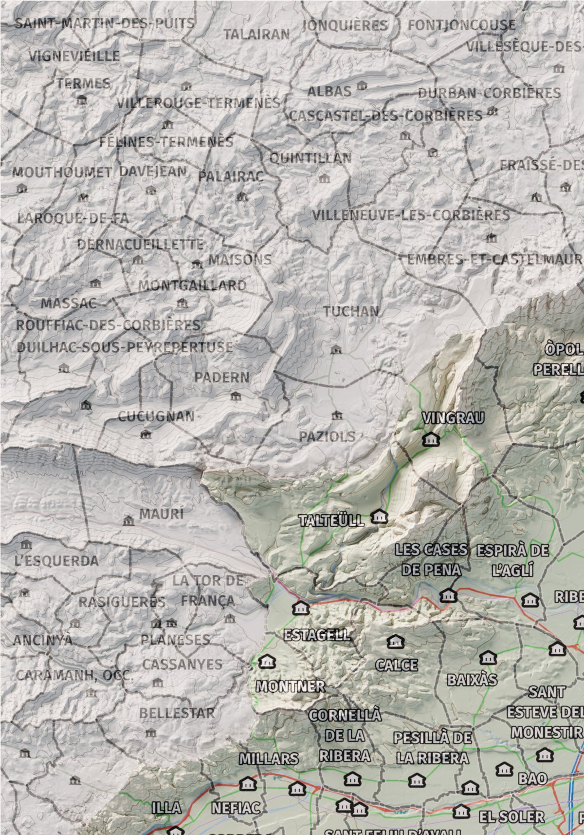 Mapa de relieve del Rosselló, con el territorio en color y el entorno en blanco. Detalle de la zona superior izquierda. 21 × 30 cm. Estilo Cartográfico.